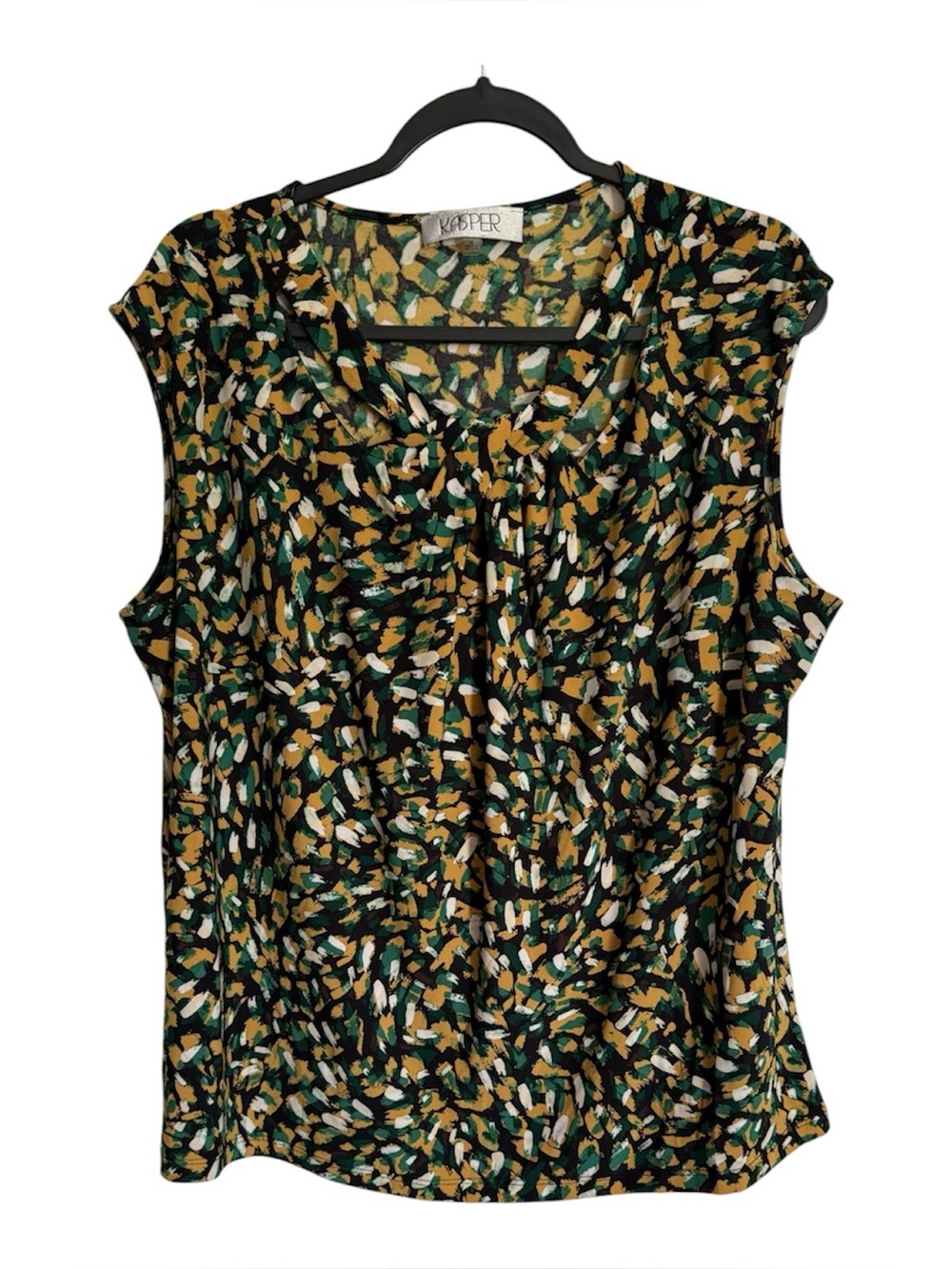 Kasper Printed Cap-Sleeve Shell Top - Green/Gold/Black